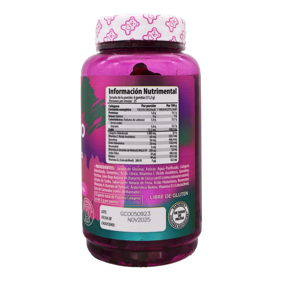 GOMITAS DE COLAGENO BIOTINA ACIDO HIALURONICO QUERATINA RESVERATROL FRESA Natural