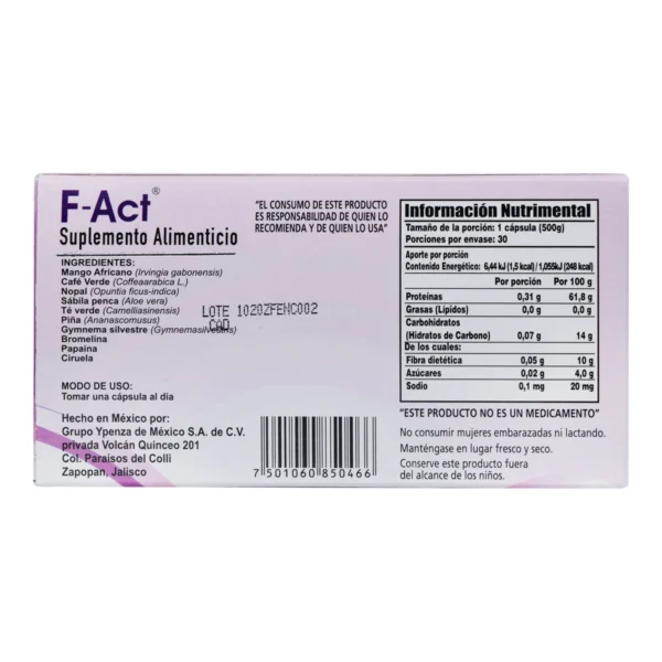 F Act 500mg Ypenza 30 Cápsulas Mejora Digestión Metabolismo Sabor Sin Sabor