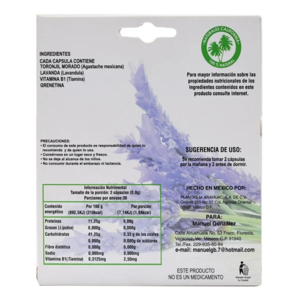 Toronjil Morado 40 Capsulas